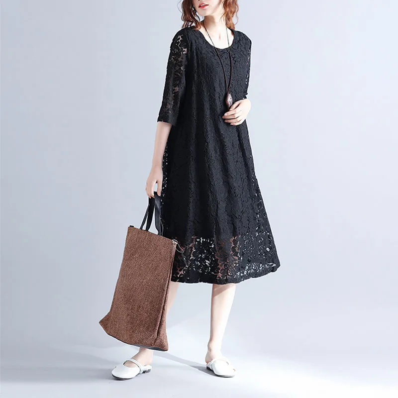 Fashion Designer Party dress Women Elegant embroidery Lace Crochet Hollow Out Loose Solid Dress vestidos Plus Size - Цвет: Черный
