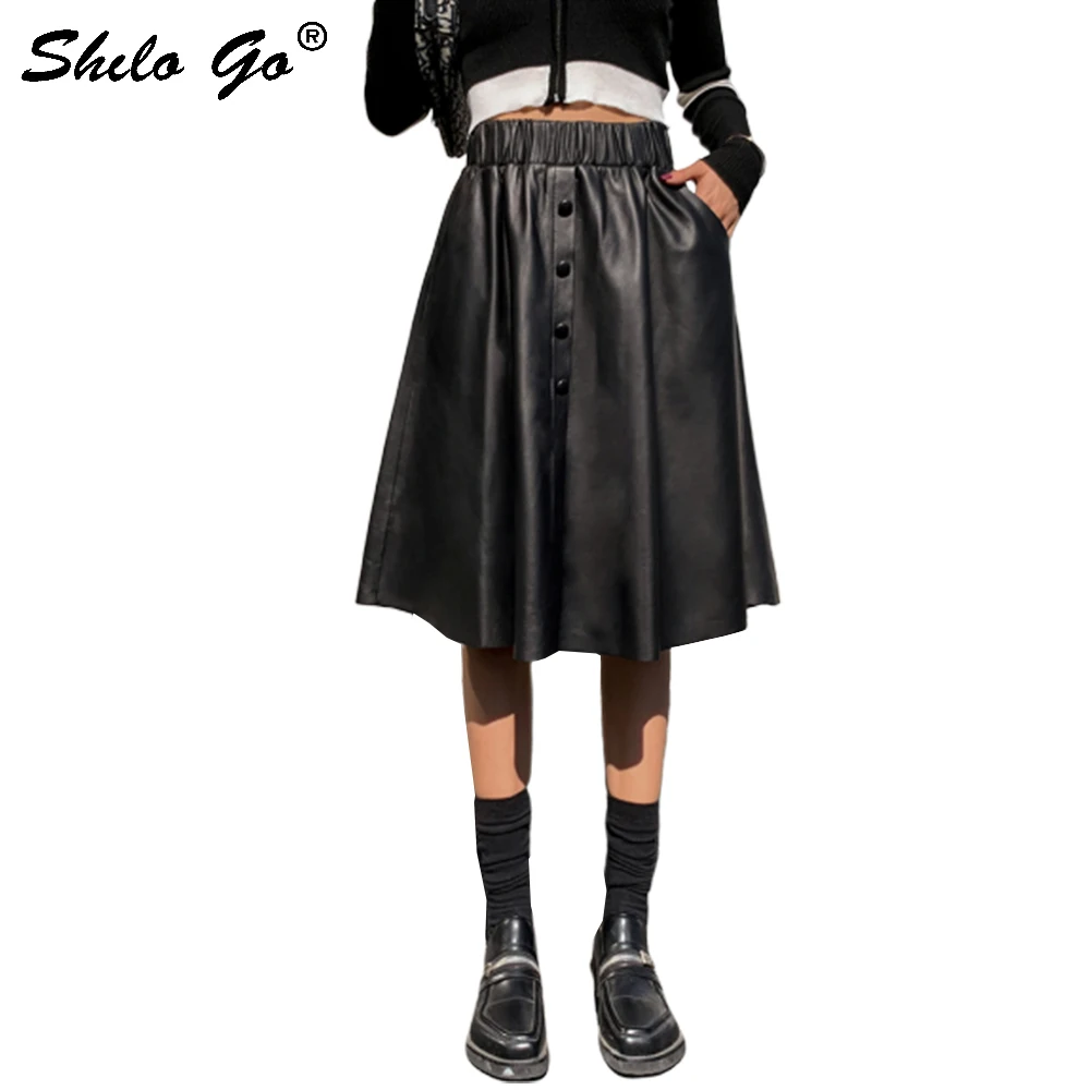 Натуральная кожаная юбка Минималистичная однобортная спереди эластичная талия карман овчина трапециевидная юбка Женская Повседневная плиссированная юбка