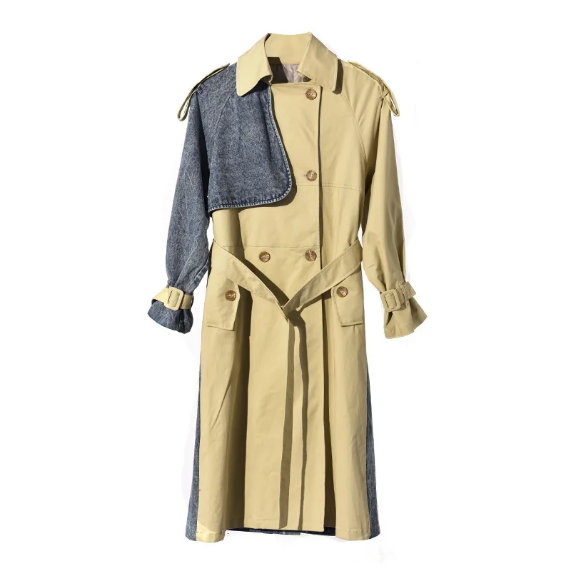 Denim Stitch Trench Coat British Style Double Breasted Casual Classic Work Business Windbreaker Oversized Korean Long Trench