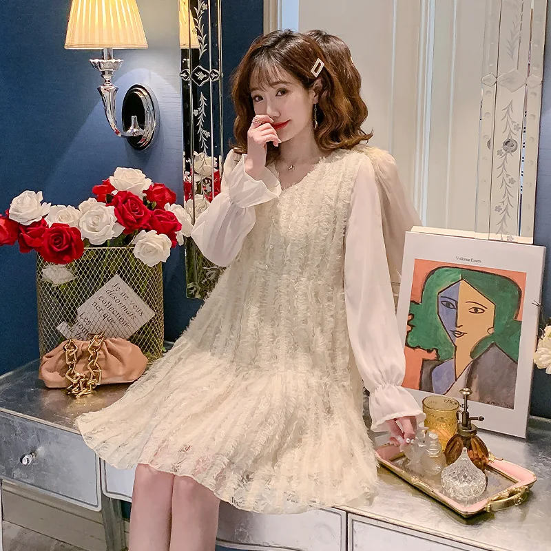 

2020 Early Spring New Style Korean-style Long Sleeve Versatile Tops Mid-length V-neck Retro Lace Pregnant Women Full Body Dress