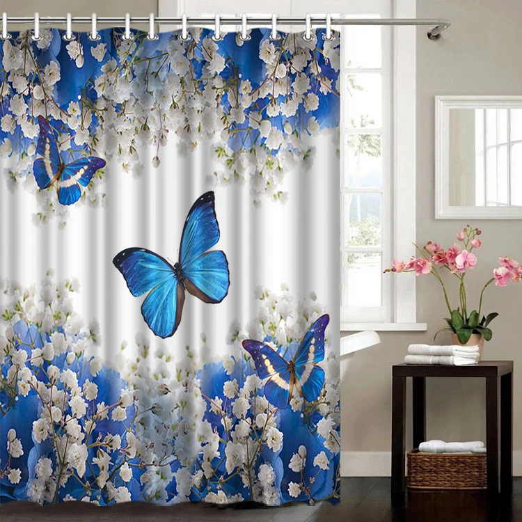 Aokarry Shower Curtain for Bathroom Polyester Fabric Pink Butterfly Flower Shower Curtain for Bathroom White Gray 60x80 inch