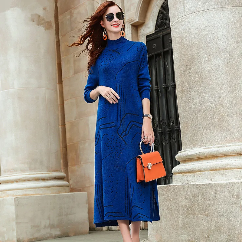 ZUOMAN 2020 autumn winter midi sweater dress women mid-length knit highneck dress female slim sweater bodycon warm dress