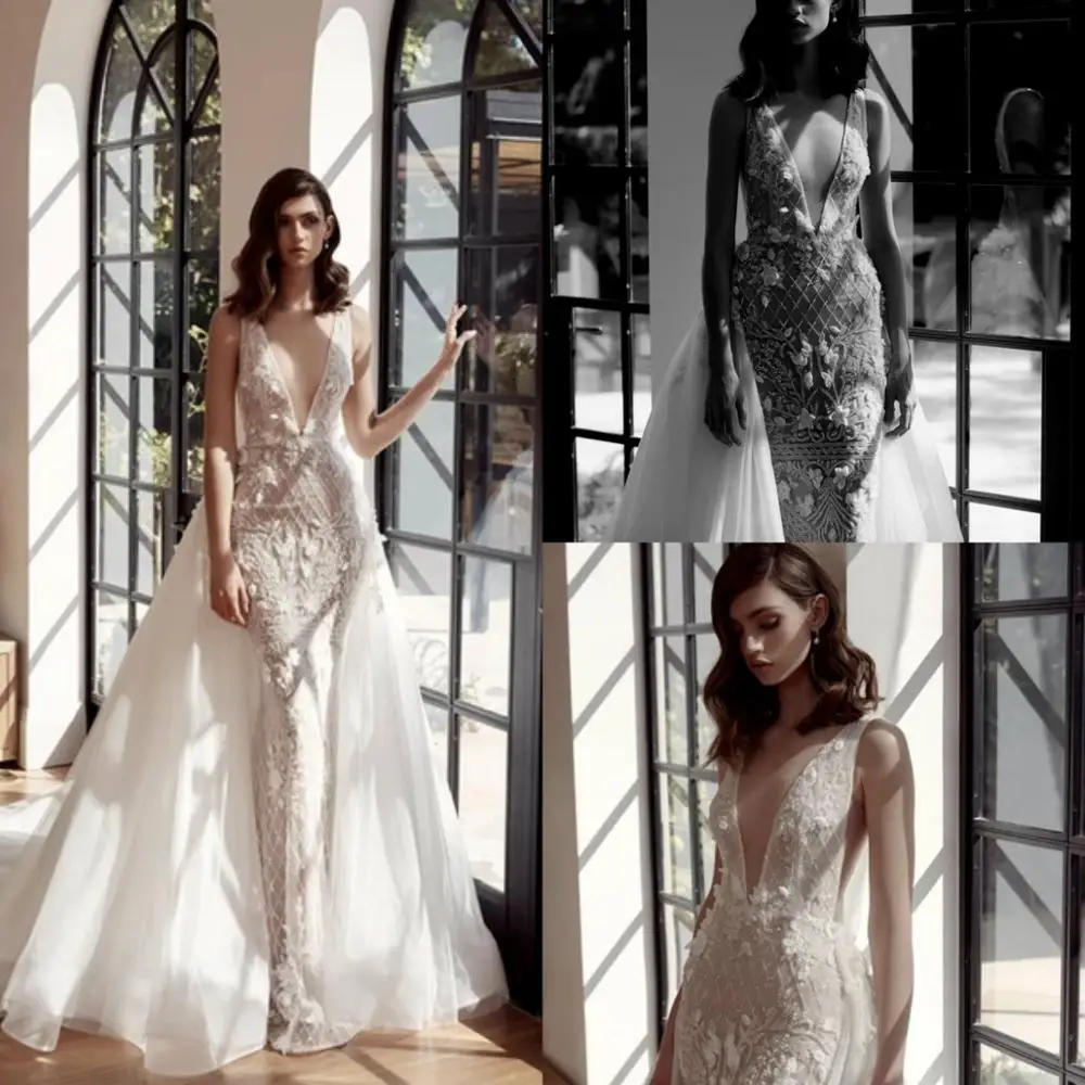 

2021 Свадебные платья с v-образным вырезом без рукавов, кружевное платье с аппликацией в виде русалки, свадебное платье с открытой спиной