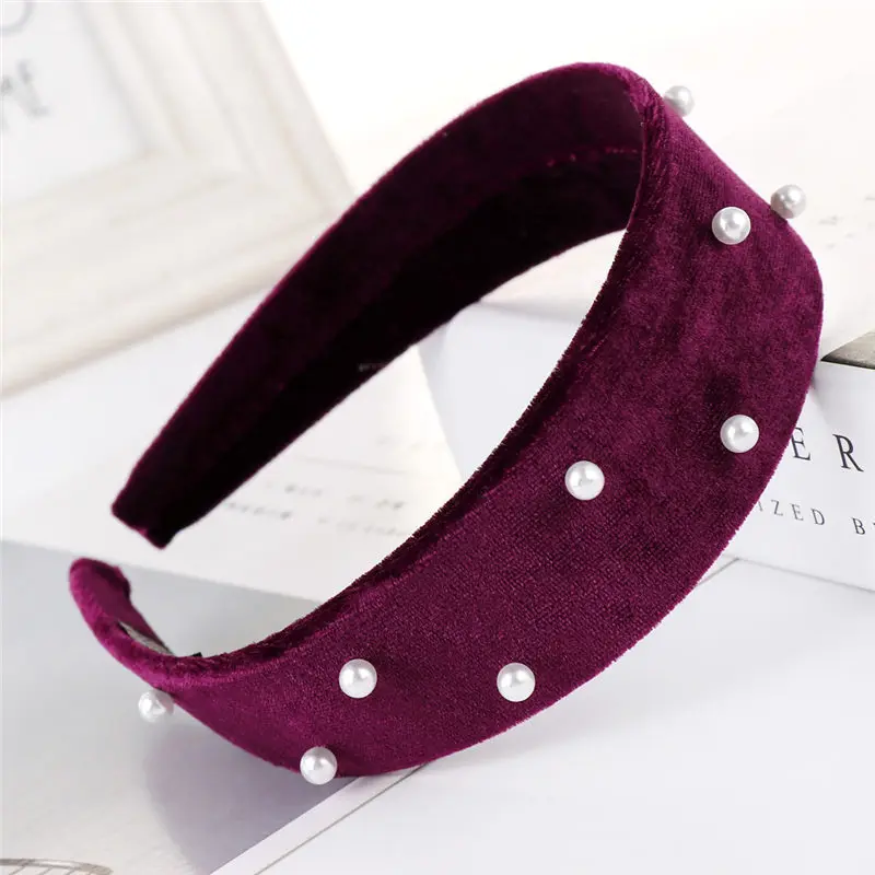 F dark purple AWAYTR модные однотонные тонкие бархатные повязки на голову для женщин аксессуары для волос простые жемчужные повязки на голову - Цвет: F dark purple