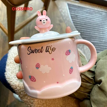 

OUSSIRRO Creative Lovely Pink abbit Ceramics Mug With cover And spoon Girl Breakfast Milk Coffee Cup