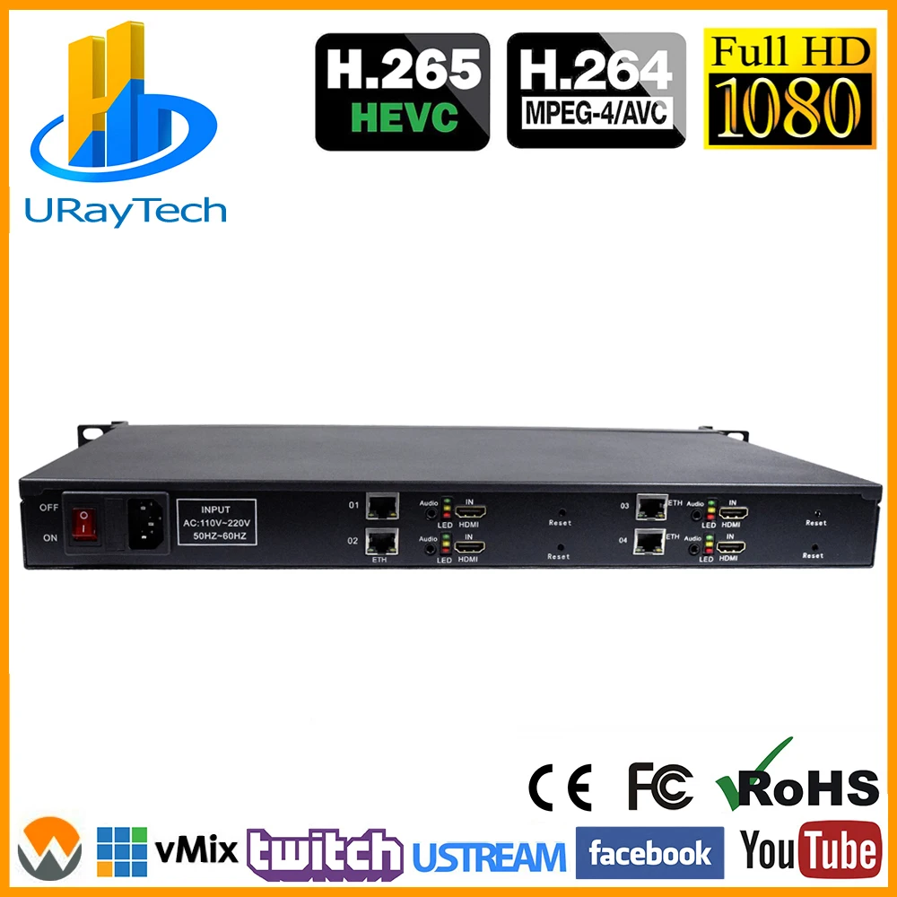 1U 4 Каналы HEVC H.265 H.264 CVBS к IP видео потоковый кодировщик SD HD кодер IPTV с HTTP UDP RTSP HLS RTMP