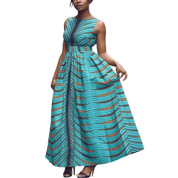 

Opslea Dashiki African Digital Printed Round Neck Sleeveless Dress Female Fashion Open Back Long Dress Stripe Skinny Waist