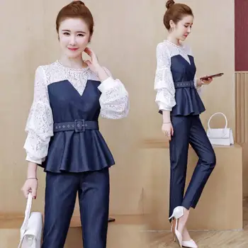 

2 Piece Set Womens Lace Faux Denim Outfits Top Pants Suit
