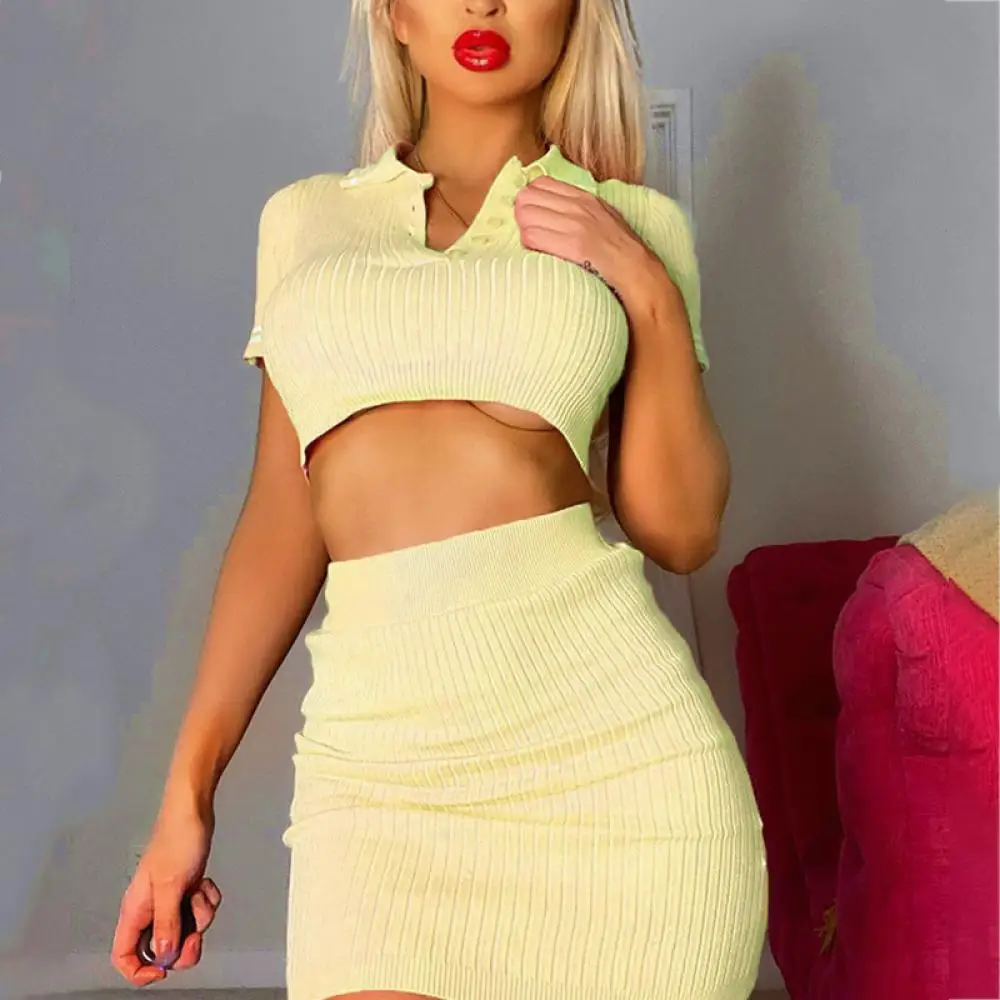 Sexy Shorts Suit Tight-Fitting Crop Top Shorts Knitted Sweater 2-Piece Dress Women's Clothing