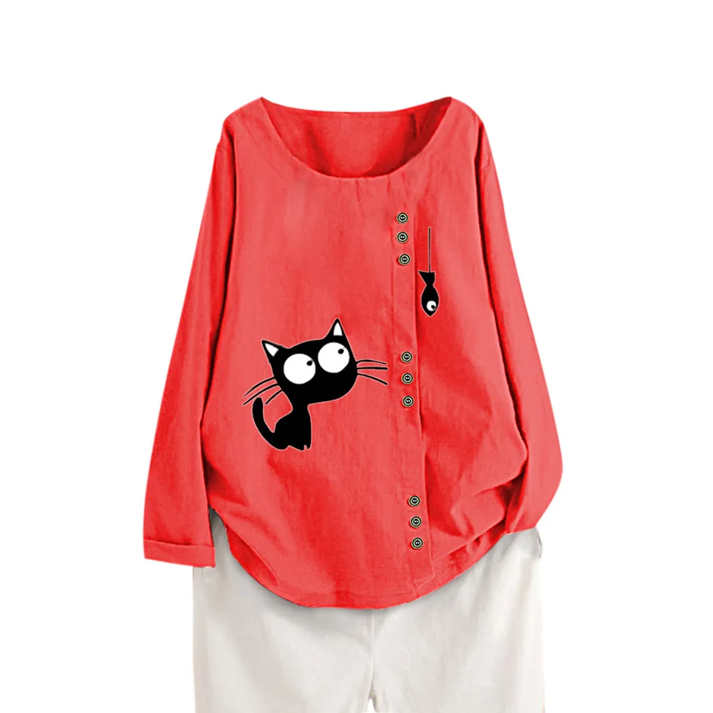 Poleras mujer de moda, женская Повседневная Туника с длинными рукавами и принтом кота, футболка, Топы, рубашка, женская футболка - Цвет: Red