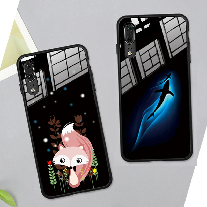

For Huawei P40 Pro P30 P20 Lite 2019 Case Black fox whale Hard Glass back soft silicone Edge Cover For Huawei P40 p30 Lite