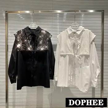 

2020 Autumn New Sequined Shiny Shawl Solid Color Long Sleeve Shirt Two-Piece Set Women Fashion Loose Blouses