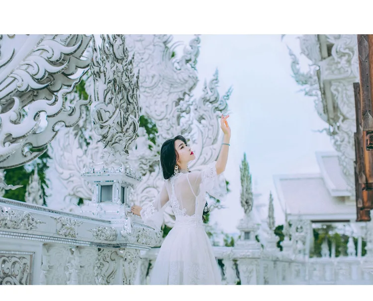 Women Dress for Travel White V-nek Backless Evening Party Fairy Ankle-length Lace Embroidery Summer Maxi Lace Long Dress
