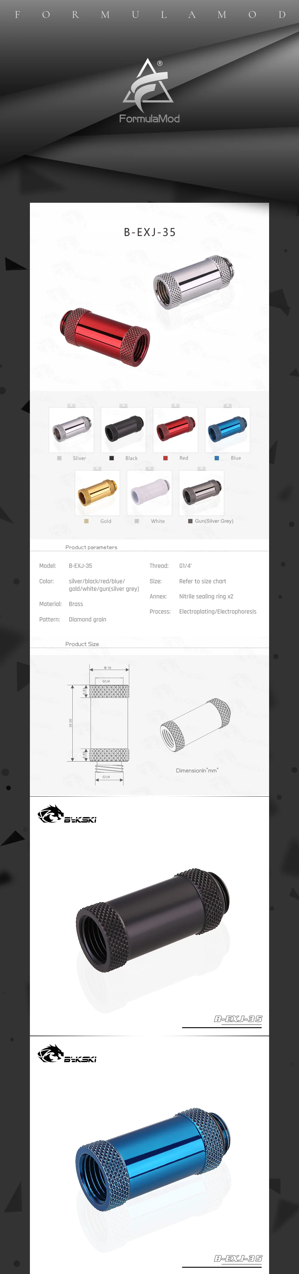 Bykski 35mm Male To Female Extender Fitting, Boutique Diamond Pattern, Multiple Color G1/4 Fitting, B-EXJ-35  