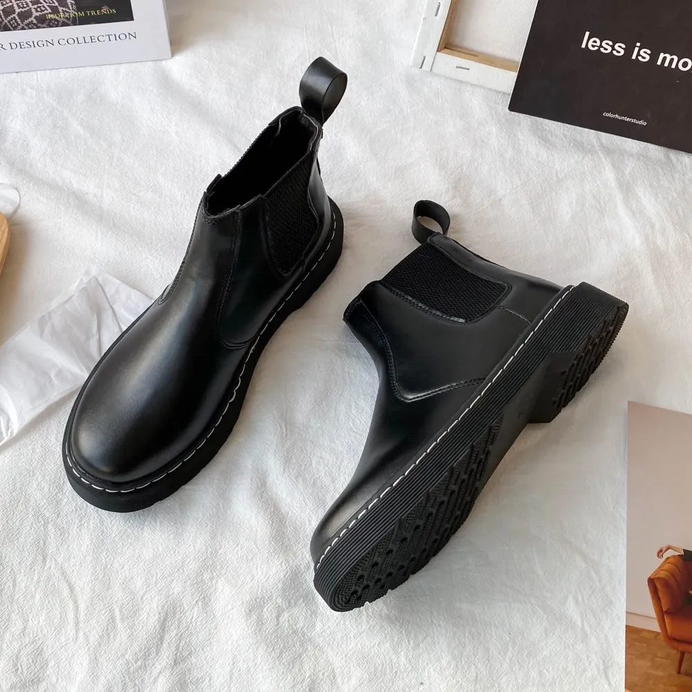EOEODOIT-Botines de piel de tacón bajo sin cordones para mujer, zapatillas femeninas de punta redonda, estilo inglés, estilo Chelsea, cálidos, de algodón