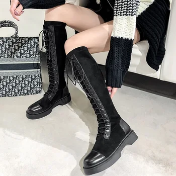 

High Boots Women Autumn Winter Warm Cross Tied Boots Women patchwork genuine leather Boots low thick heels Knee High Boots