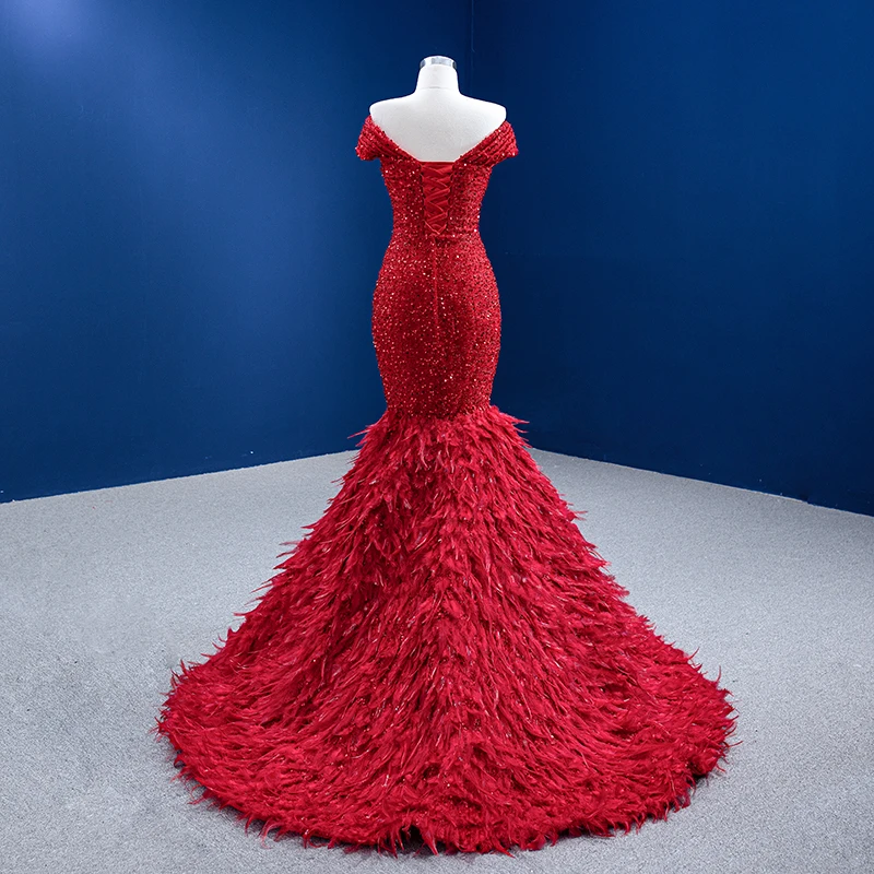 RSM67433 V-Neck Evening Dress Arabic Lace Mermaid Beaded Long Evening Dress Red Dress With Feathers robe de soirée longue 2