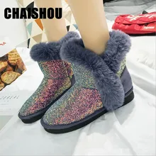 D-270, женские зимние ботинки с блестками, Зимние ботильоны из искусственного меха, сохраняющие тепло, бархатные, на плоской подошве, без застежки, модная обувь на платформе, zapatos mujer