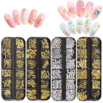 

12 Grids/Set Gold Silver Hollow Nail Art Decorations 3D Mix Metal Frame Nail Rivets Shiny Rhinestones For Nails Manicure Tools