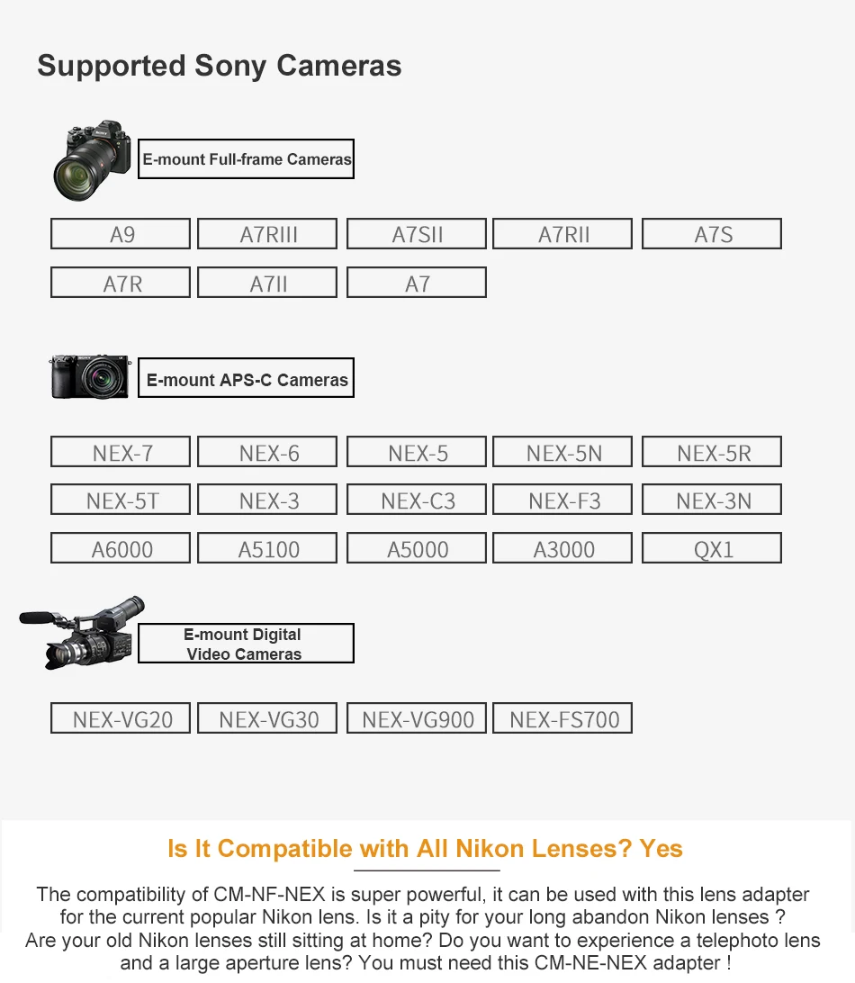 Commlite CM-NF-NEX Manual Focus Lens Mount Adapter Ring for Nikon G,F,A,I,S,D Lens to use for Sony NEX E Mount Cameras