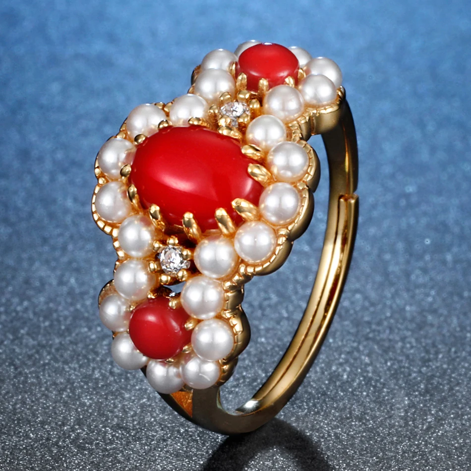 ALLNOEL 925 Sterling Silver Women's Ring Red Coral 5A Zircon Diamonds Genuine Gold Plated Wedding Engagement Adjustable Ring