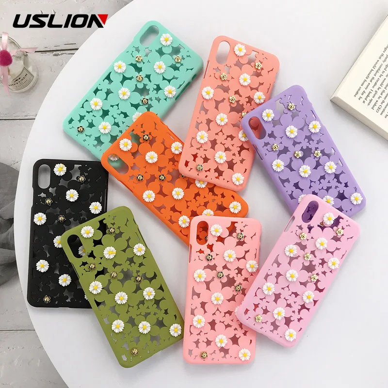 

USLION Phone Case For iPhone X XS XR Xs Max Hollow Flower Candy Color 3D Floral Hard PC Back Cover For iPhone 6 6s 7 8 Plus