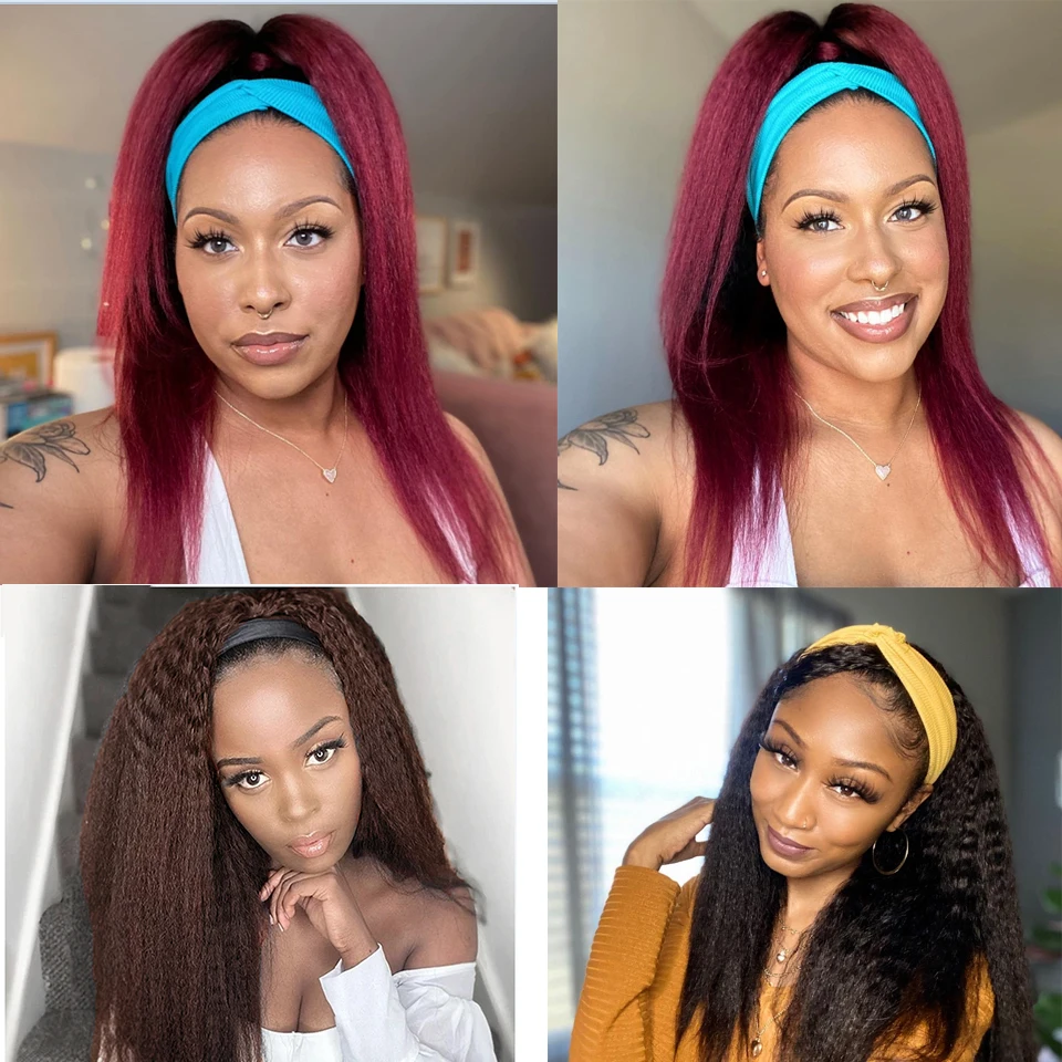 Headband Wig Human Hair Brazilian Kinky Straight Human Hair Wigs For Women Glueless Full Machine Made Wig With Headband Deep Wav