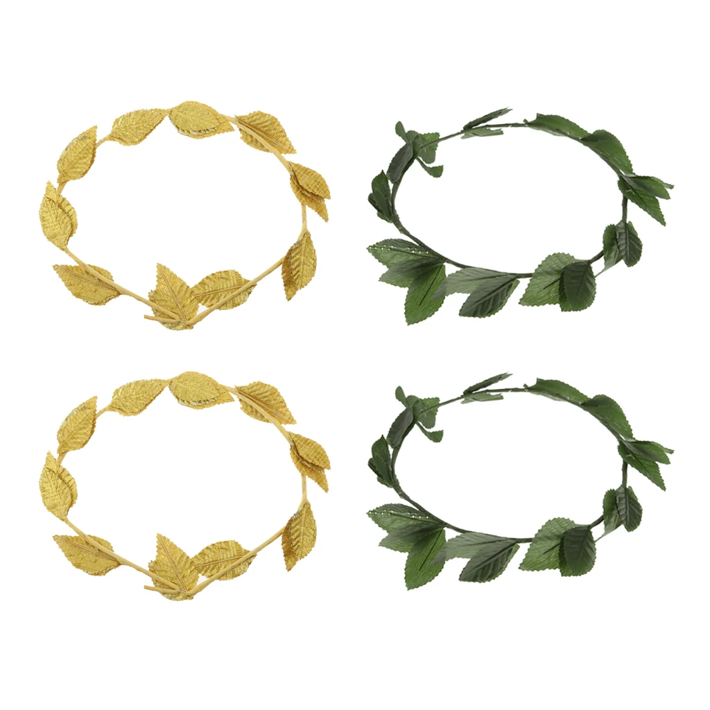 Pack of 4 Pieces Plastic Green Fabric Gold Leaf Hairband, Greek Goddess Laurel Wreath, Fancy Dress Headband