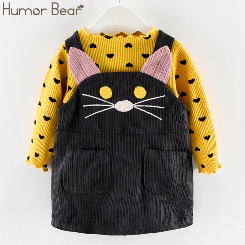 Humor Bear/детская одежда; платье для девочек; сезон весна-осень; хлопковые вечерние платья с бантом и длинными рукавами с имитацией двух предметов; Милая одежда для маленьких девочек - Цвет: BZ707 yellow
