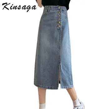 

Summer Autumn Side Split Buttons Midi Long Denim Skirts Women Casual Office Lady High Waist Mid Calf A Line Skirt Mom Jeans