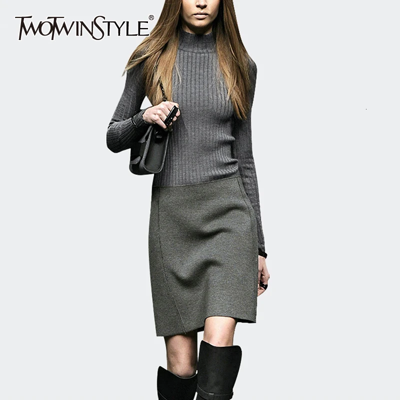 TWOTWINSTYLE мозаичное яркое цветное платье для женщин с круглым вырезом и длинными рукавами, с высокой талией, элегантные женские платья, осенняя мода, новинка