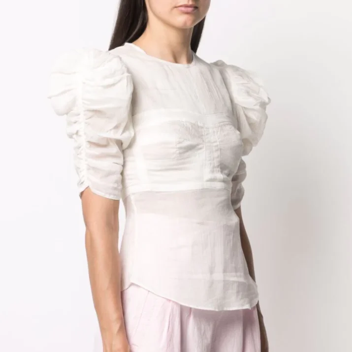 Blusa de manga abombada de rayón para mujer, Top de crepé de mezcla de
