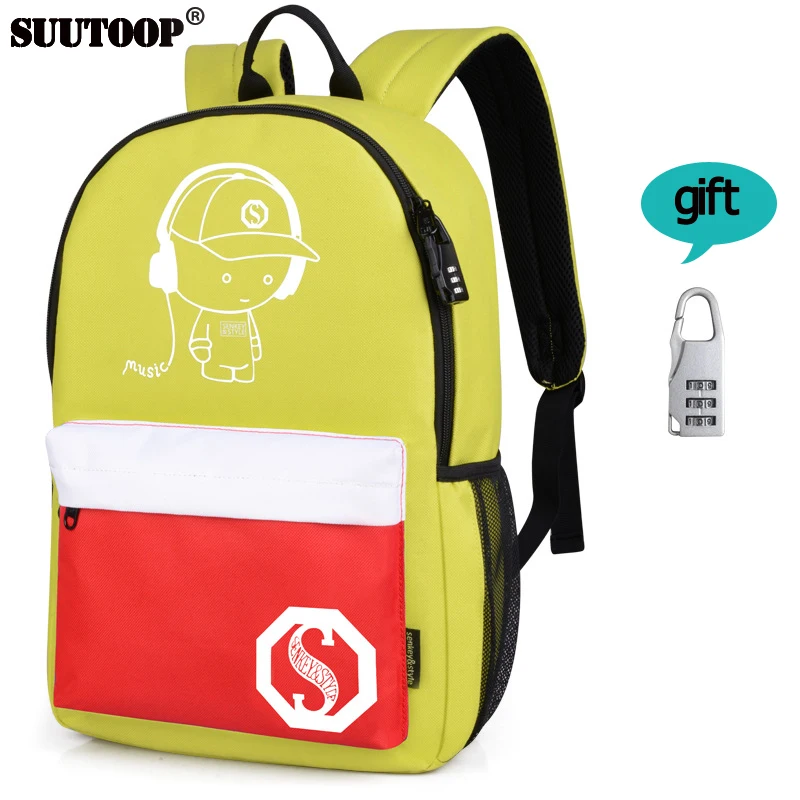Новая USB мужская сумка музыкальная светящаяся школьная сумка унисекс для путешествий мужской подростковый рюкзак для школы Студенческая сумка для книг для мальчиков и девочек - Цвет: No USB yellow white