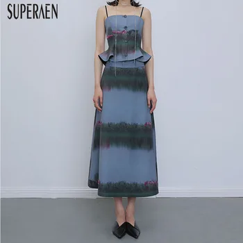 

SuperAen Europe Fashion Women Skirts Cotton Summer New 2020 Print Beaded Hollow Ladies Skirts High Waist Wild Skirts Female