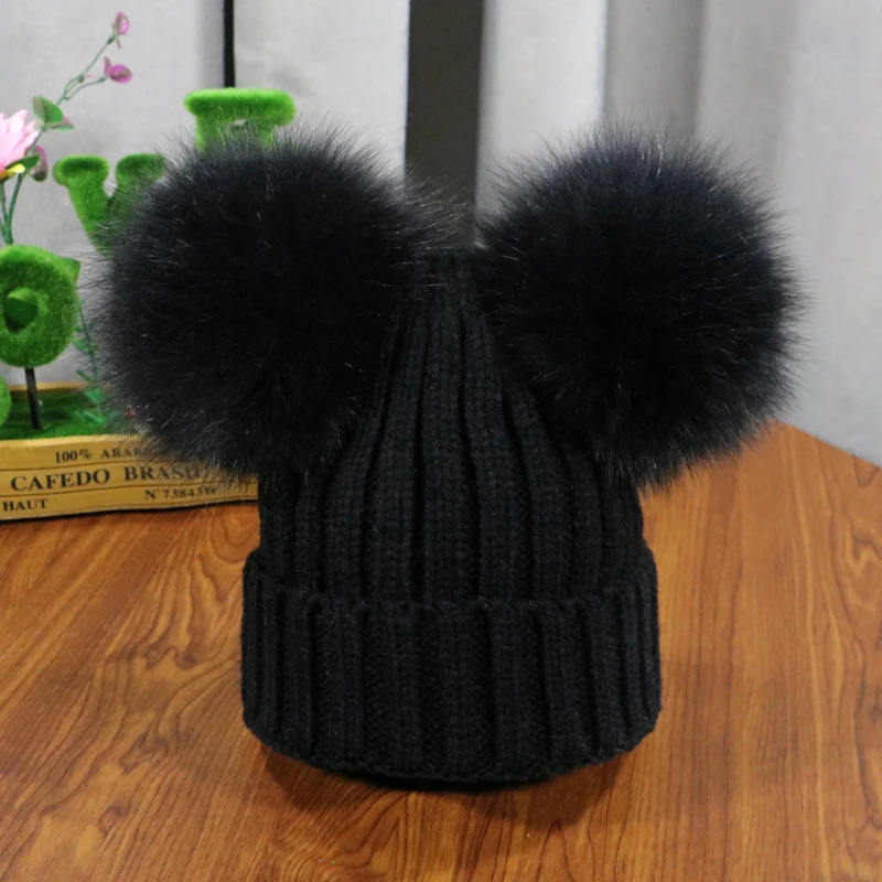 2021 New double natural Pom Poms hat Girls Boys Winter Warm Fur Pompom Ball Knitted Beanies Hat Skullies Beanies Cotton Bonnet 