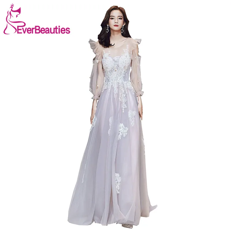

Robe De Soiree Long Sleeves Prom Dresses 2020 Tulle Appliques Vestidos De Fiesta Largos Abiye Gece Elbisesi Vestidos De Gala