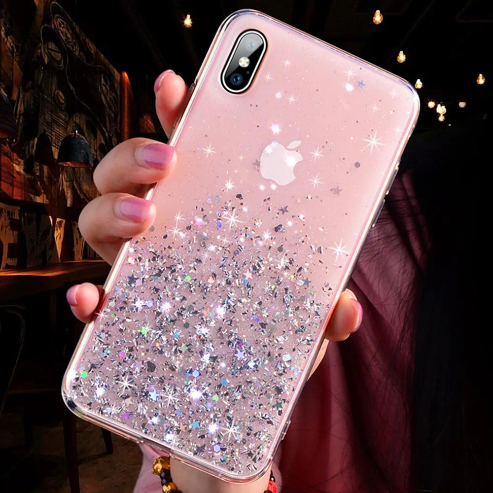 С блестящими звездочками Прозрачный чехол для телефона для iPhone X XR 11 Pro XS Max 8, 7, 6 S, 6 Plus, чехол со слотами для чехол Сияющий мягкий, симпатичный, из ТПУ Девушка Прозрачный чехол - Цвет: Clear Pink