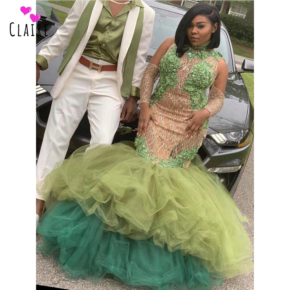 New Arrival Long Prom Dresses 19 Plus Size Green Mermaid Lace Appliques Long Sleeves African Black Girls Prom Dress Cp0 Prom Dresses Aliexpress