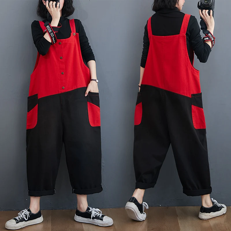 Fashion Mixed Color Women Button Strap Denim Jumpsuits Female Casual Long Pants Pockets Plus Size Rompers Overalls 2021 Outfit |