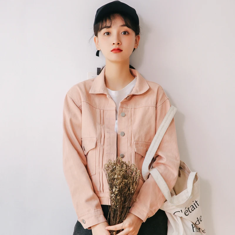 

Pink Denim Jacket Spring Feminina Casual Turn-down Collar Long Sleeve Jackets Women Korean Loose Jean Jacket