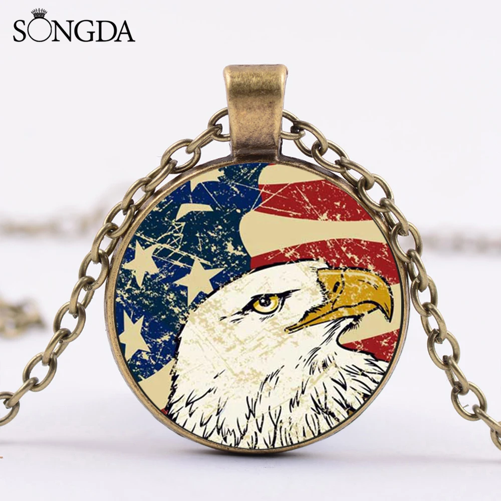Fashion USA US Flag Keychain High Grade America Eagle 3D Printed Glass Dome Pendant 4 Color Chain Necklace Souvenir Gifts | Украшения и