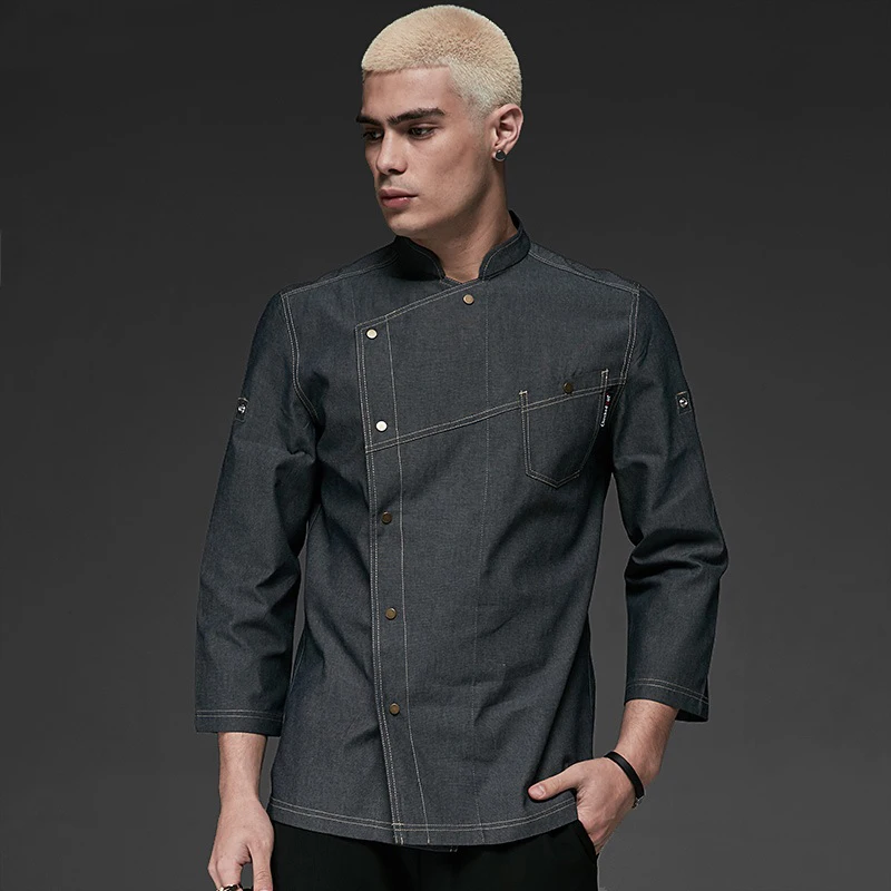 new Denim Fabric Chef Jackets restaurant uniforms shirts long sleeves restaurant uniform chef clothes hotel uniform chef coat