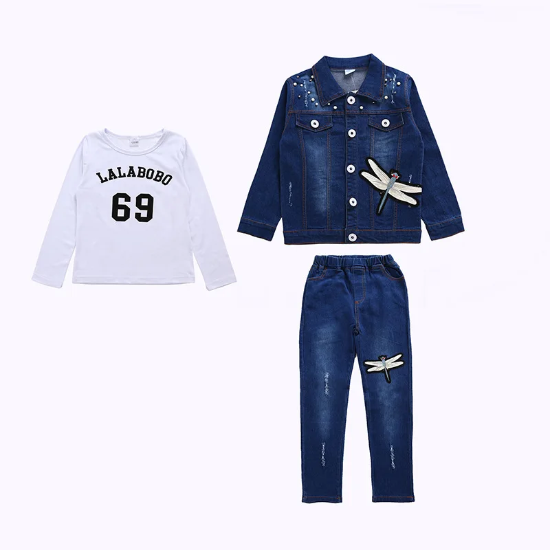 3 Pieces Boutique Girls Outfits Set Kids Clothes Clothing Long Sleeves Girl Sequins Dragonfly Denim Jacket Jeans Outfits