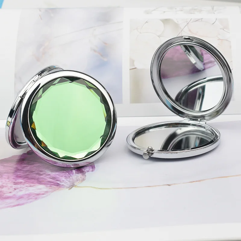 

1Pc Luxury Crystal Makeup Mirror Portable Round Folded Compact Mirrors Silver Pocket Mirror Double-Sided Folding Cosmetic Mirror