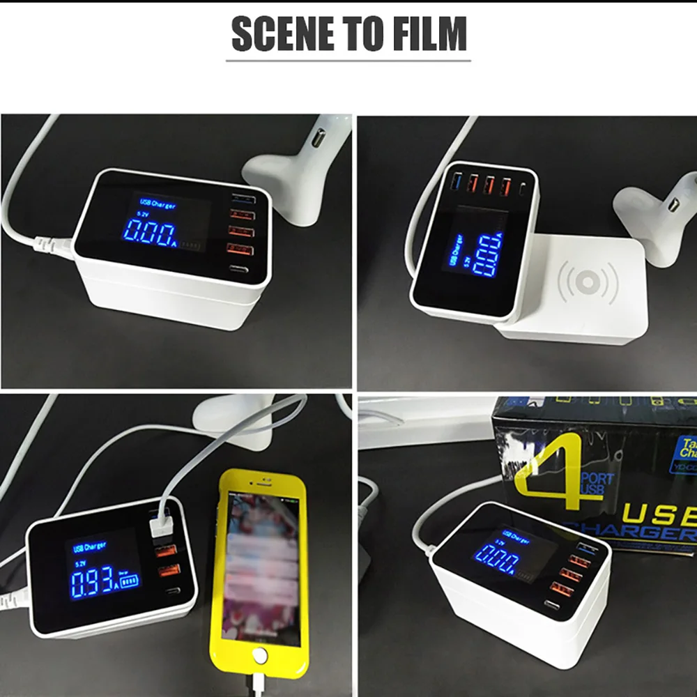 Беспроводная зарядка 4 usb порта Qi Quick 3,0 usb type C зарядная станция концентратор светодиодный дисплей быстрый адаптер для зарядки настольной полосы