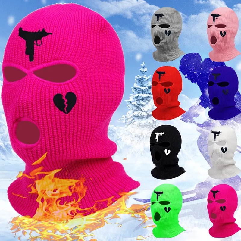 Embroidered Full Face Cover Ski Mask Hat 3 Holes Balaclava Outdoor Sport Windproof Knit Beanies Cap Winter Warm Unisex Ski Mask white skully hat