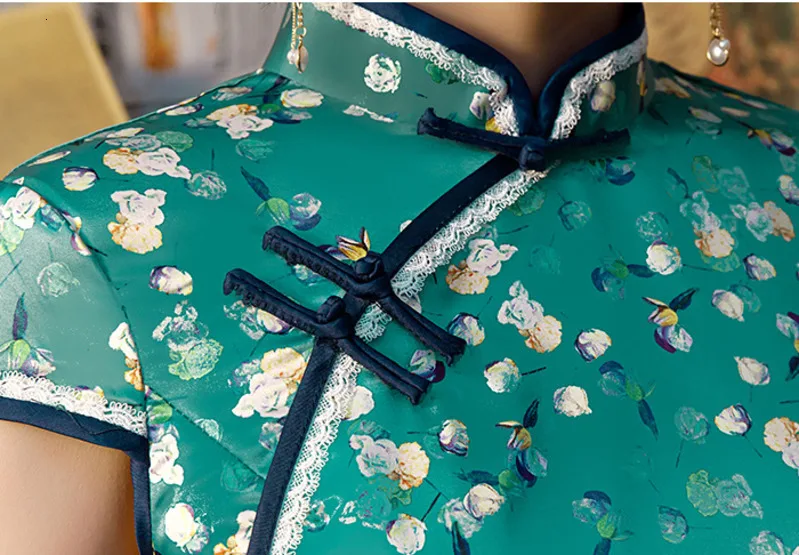 DF527 дамы довольно зеленый Cheongsam Qipao платья Моден Кружева отделка красивое платье шелк вечернее элегантное Ретро Шанхай платье