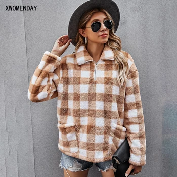 

Autumn Winter Plush Blouse Women Casual Loose Brown Plaid Zip Up Pullover Tops For Women Full Sleeves 2020 Fall Fashion Clothes