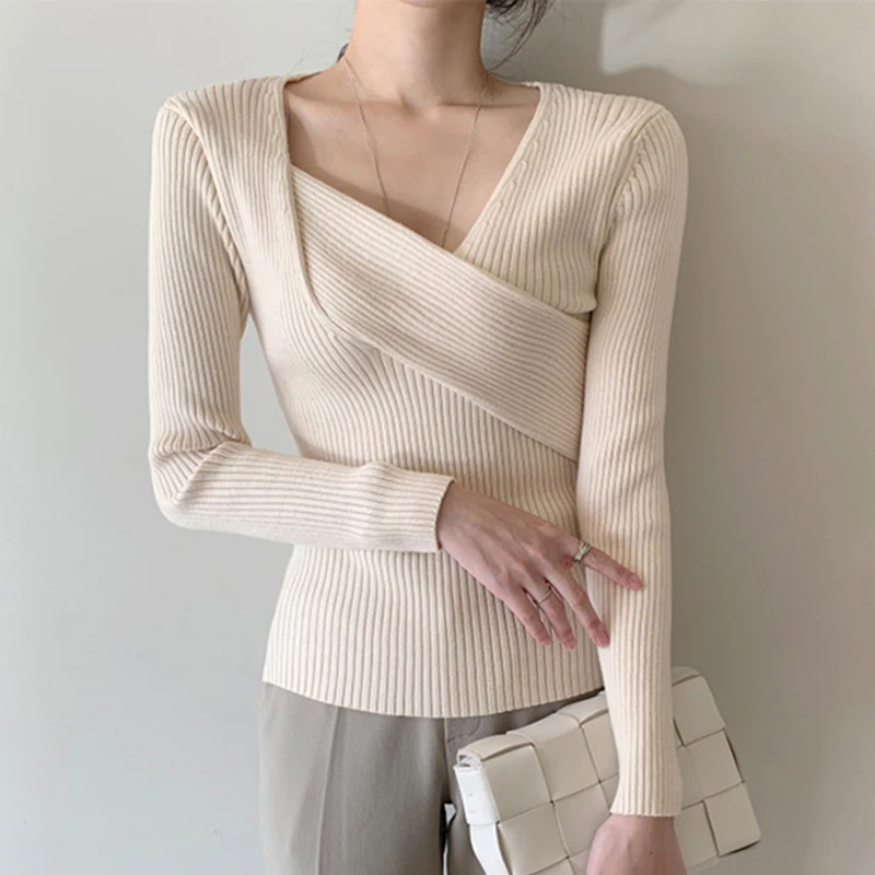 

New Office Lady Knit Sweater,Autumn Winter 2020 Fashion Long Sleeve Cross V-Neck Slim Woman Sweaters,Casual Base Top Beige Khaki