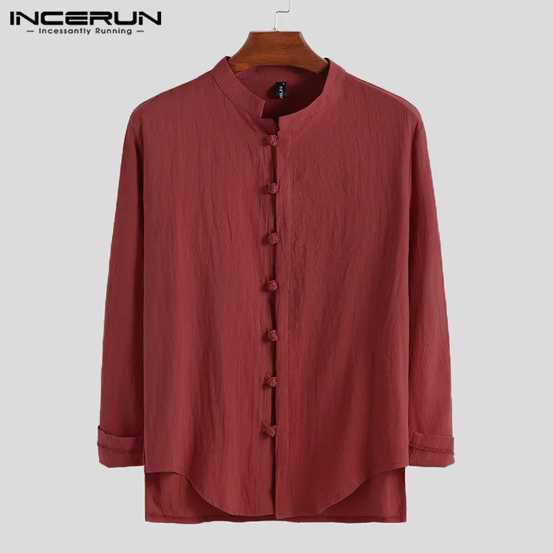 INCERUN для мужчин традиционная китайская одежда с длинным рукавом воротник хлопок льняная блузка литературная Ретро рубашка с пряжкой Camisa Masculina - Цвет: Wine Red